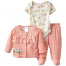 Absorba Newborn Baby Girls 3 Piece Coral Blue Bird Bodysuit Footed Play Set