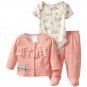 Absorba Newborn Baby Girls 3 Piece Coral Blue Bird Bodysuit Footed Play Set