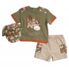 BT Kids Newborn Baby Boys3Piece Green Camo Shirt Khaki Shorts Set 6-9 Mo. w/hat
