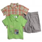 BT Kids Newborn Baby Boys 3 Piece Green T-shirt Plaid Button Up Chino Shorts Set