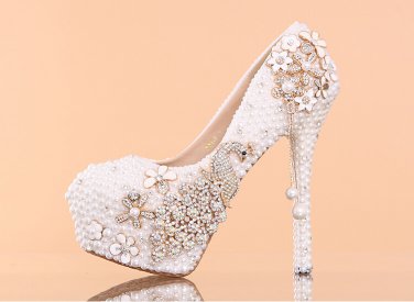 Party Shoes, Prom Shoes, Bridal Shoes--Full Pearls with Elegant Crystal Peafowl Platform Shoes
