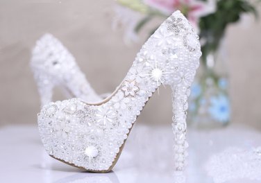 Wedding Shoes , Prom Shoes, Bridal Shoes--Princess Pearls with Crystal Rhinestone Flower Party Shoes