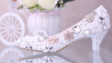 Evening Shoes, Party Shoes , Bridal Shoes-Princess Pearls with Crystal Rhinestone Flower Prom Shoes