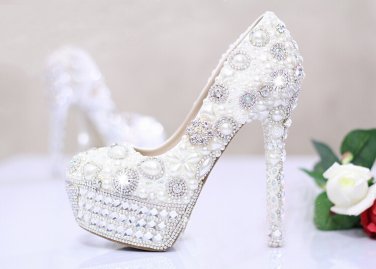Bridal Pumps, Prom Shoes, Wedding Shoes--Luxury Mixed Size Pearls with Shiny Crystal Rhinestone