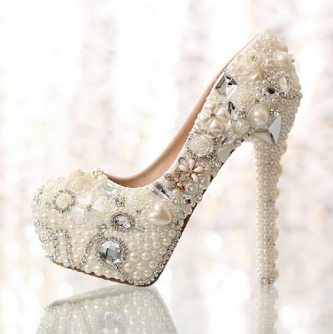 Party Shoes, Prom Shoes, Bridal Shoes, Wedding Shoes--Elegant Pearls with Crystal Bridal Pumps