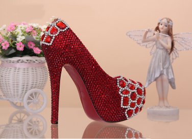 Bridal Shoes, Wedding Shoes, Party Shoes, Prom Shoes--Charming Fire Red Mixed Crystal Bridal Heels