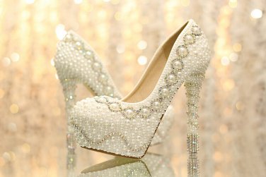 Party Shoes, Wedding Heels, Bridal Shoes--Elegant Pearls and Crystal Rhinestone Wedding Shoes
