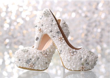 Party Shoes, Prom Shoes, Bridal Shoes, Wedding Shoes-Luxury Pearls and Crystal Flower Bridal Pumps