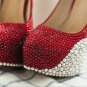 Bridal Shoes, Wedding Heels, Prom Shoes--Pearls with Claret Red Crystal Rhinestone Party Shoes
