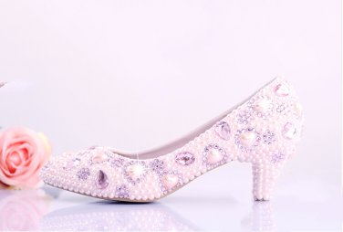 Party Shoes, Prom Shoes, Bridal Shoes, Wedding Shoes--Pink Heart Pearls with Crystal Bridal Pumps