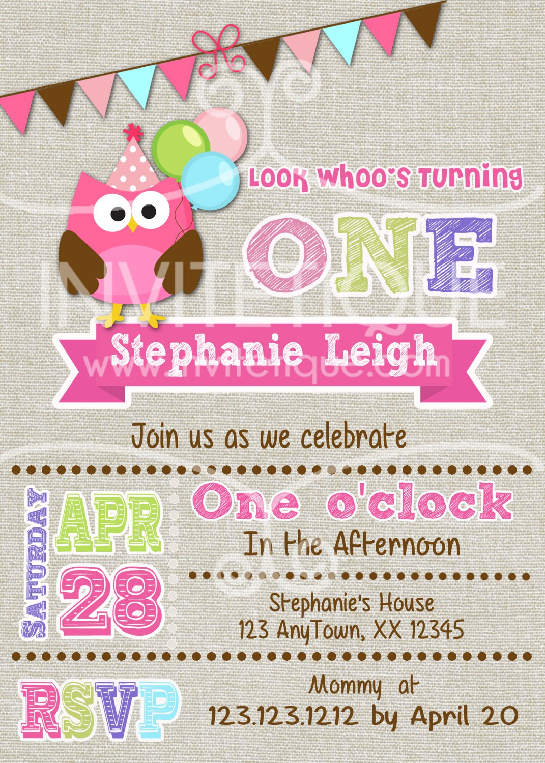 Pink Owl Invitation - birthday invitation any age birthday invite in owl theme-