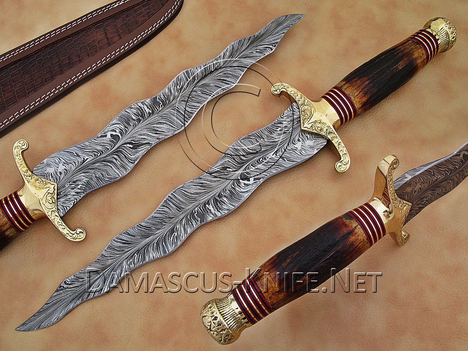 Handmade Feather Damascus Steel Collectible Kris Dagger Knife Stag Handle