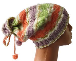 Hand knitted Ladies hat beanie with tassels and pompons - wool and acrylic yarn