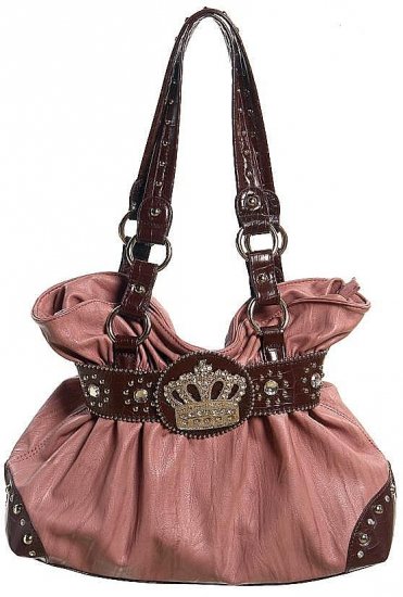 Pink Brown Crown Rhinestone Hobo Tote Handbag Purse Bag