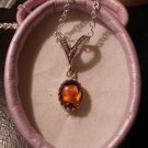 Natural Hand Carved Baltic Amber & Diamond  Sterling Silver Necklace (Handmade)