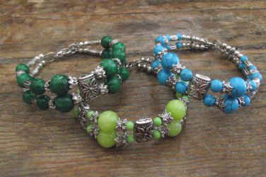 Beautiful Natural Beaded Gems & Silver Bangle Bracelet, 7.5" Medium Fit