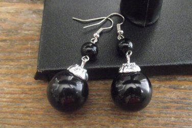 New Beautiful Double Drop 8-16MM Black & Silvertone Earrings 2" Long