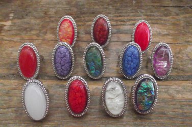 New Striking Large Oval Natural Stone/Silvertone Rings II-Various Colors/Sizes