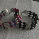 New Gemstone and Silver Beaded Triple Row Cuff Bracelet - 7.5" Medium Fit