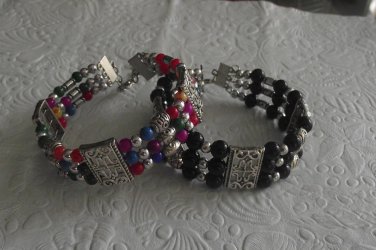 New Gemstone and Silver Beaded Triple Row Cuff Bracelet - 7.5" Medium Fit