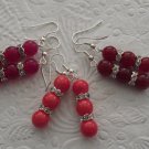 New Beautiful Dangling 8MM Triple Stones & Silver Earrings 1.75" Long