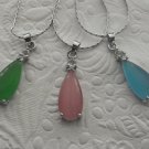New Long Teardrop Cats Eye and Silvertone Chain Necklaces, Various Colors