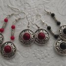 New Beautiful Dangling Corals/Onyx & Silvertone Earrings 1.75-2.25" Long