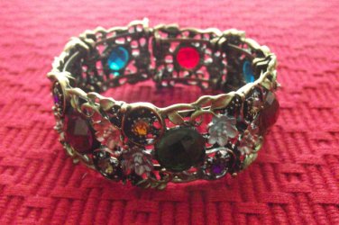 New Beautiful Antique Looking Brass & Crystals Bangle Bracelet, 7.5" Medium Fit