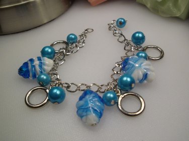 New Murano Glass - Shells & Silver Charms Bracelet Fits 7.5" Medium Fit
