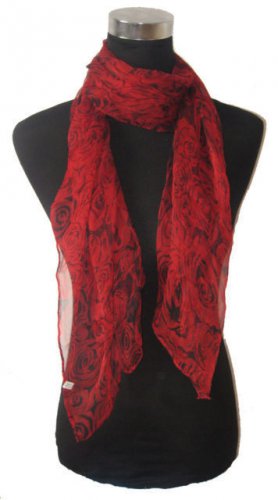 New 100% Silk Black with Red Roses Rectangular Scarf 19"x56"  Retails $38