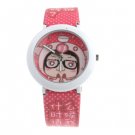 Cartoon Girl Diamond Design Cartoon Metal Watch with Red Leather Watchband