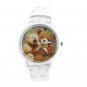 Cartoon Bear Diamond Design Cartoon Metal Watch with White Leather Watchband