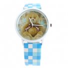 Cartoon Bear Diamond Design Cartoon Metal Watch with Blue Leather Watchband