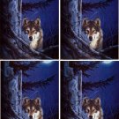 Lot Of 4 Wolf By A Tree Wolves Fabric Panel Quilt Squares