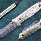 ONE OF A KIND   CUSTOM MANUFACTURED DAMASCUS STEEL HAND ENGRAVED FOLDING KNIFE