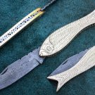 ONE OF A KIND CUSTOM MANUFACTURED HANDMADE DAMASCUS STEEL FOLDING FISH KNIFE