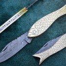 ONE OF A KIND CUSTOM MANUFACTURED BEAUTIFUL DAMASCUS STEEL FISH FOLDING KNIFE