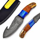 SUPERB CUSTOM HAND MADE DAMASCUS BLADE HUNTING KNIFE / GUT HOOK SKINNING KNIFE