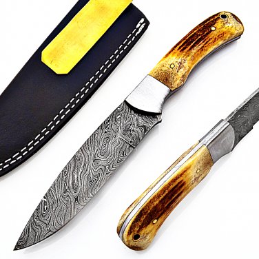 SUPERB CUSTOM HAND MADE DAMASCUS STEEL FULL TANG HUNTING KNIFE WITH STAG'S HORN