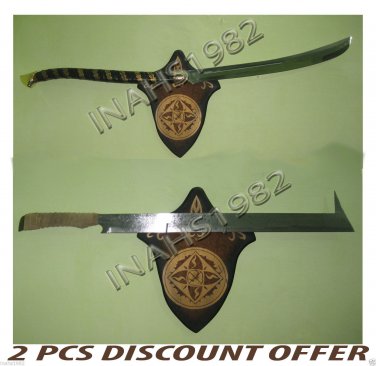 2 PCS High Elven Warrior Sword + Uruk-Hai Scimitar Sword - LOTR With Wall Plaque
