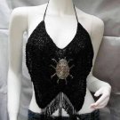 Handmade black Sexy bar top hot belly hippie fashionable spider beaded fringe black dance top sq11