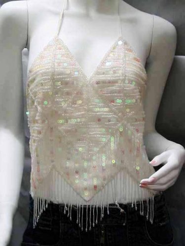 Handmade ivory Sexy sequin bar top; hot belly hippie top fashionable pattern beaded dance top sq15