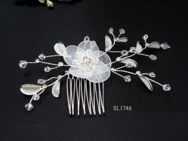 Bridal silver handmade crystal hair comb,wedding tiaraorganza floral hair accessories regal SL1746