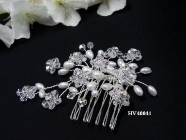Bridal silver handmade bridesmaid rhinestone hair accessories floral crystal pearl comb 4041