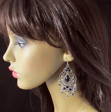 BLACK FANCY DANGLER ALLOY EAR-DROP ACRYLIC HOOK BRIDE BRIDAL EARRINGS SET E3