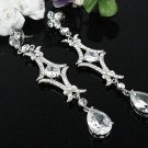 SILVER FANCY LONG DANGLER ALLOY BRIDE PARTY EAR-DROP ZIRCON STUD WEDDING EARRINGS JEWELRY SET E6391