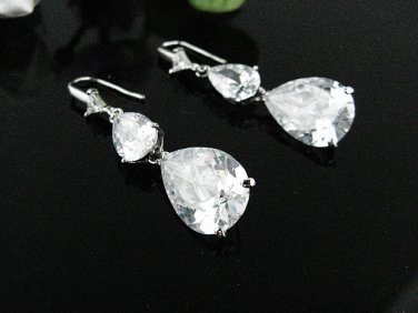 SILVER ZIRON DANGLER ALLOY WEDDING EAR-DROP CRYSTAL STUD BRIDE BRIDAL EARRINGS SET ET44S
