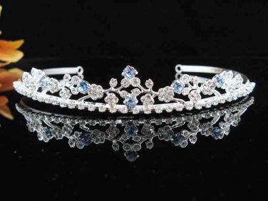 handmade regal wedding accessories metal silver blue rhinestone sparkle bridal crystal tiara 528b
