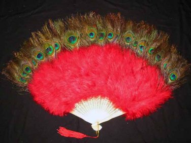 Coque Rooster Handmde Peacock eye & red marabou feather Fan;Bridal Party Chandelle Fluffy Fan#6r
