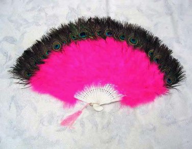 Coque Rooster Handmde Peacock eye & fuchsia marabou feather Fan;Bridal Party Chandelle Fluffy Fan#24